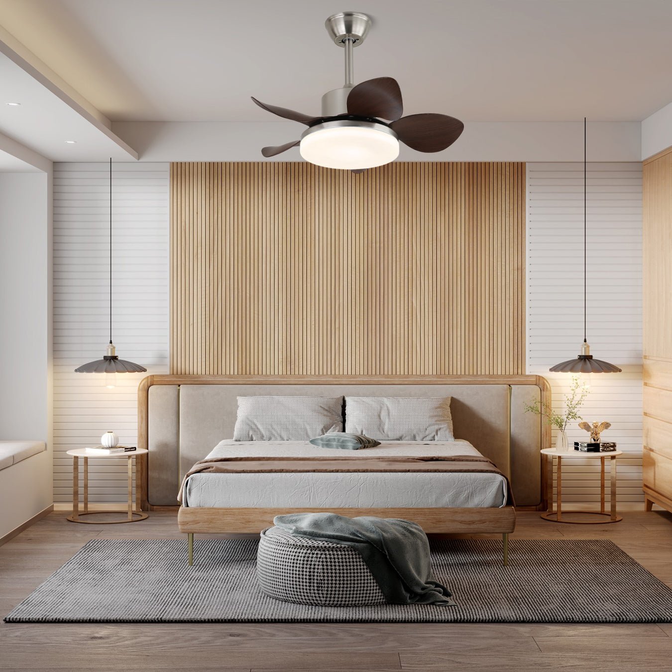 Houten Plafondventilator Kaelen met Verlichting ø71cm | LED Ventilatorlamp Kantelbare Bladen Afstandsbediening 6 Standen | Modern Scandinavisch Ontwerp Nikkel Walnoothout Acryl