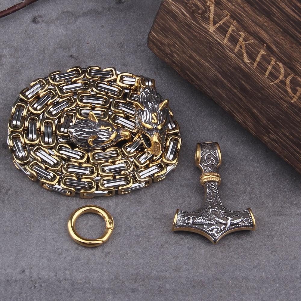 Roestvrij Stalen Schakelketting met Dubbele Wolfskop & Hamer Ornament 60-90cm Verstelbaar Unisex Sieraad