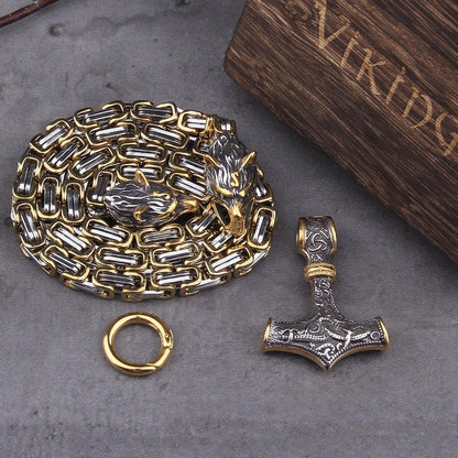 Roestvrij Stalen Schakelketting met Dubbele Wolfskop & Hamer Ornament 60-90cm Verstelbaar Unisex Sieraad