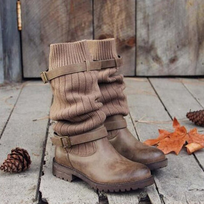 Dames Leren Laarzen met Gebreide Wol Inleg Winterwarm