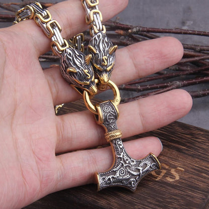 Roestvrij Stalen Schakelketting met Dubbele Wolfskop & Hamer Ornament 60-90cm Verstelbaar Unisex Sieraad