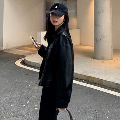 Lange Leren Jas Vrouwelijke Stijl Coat