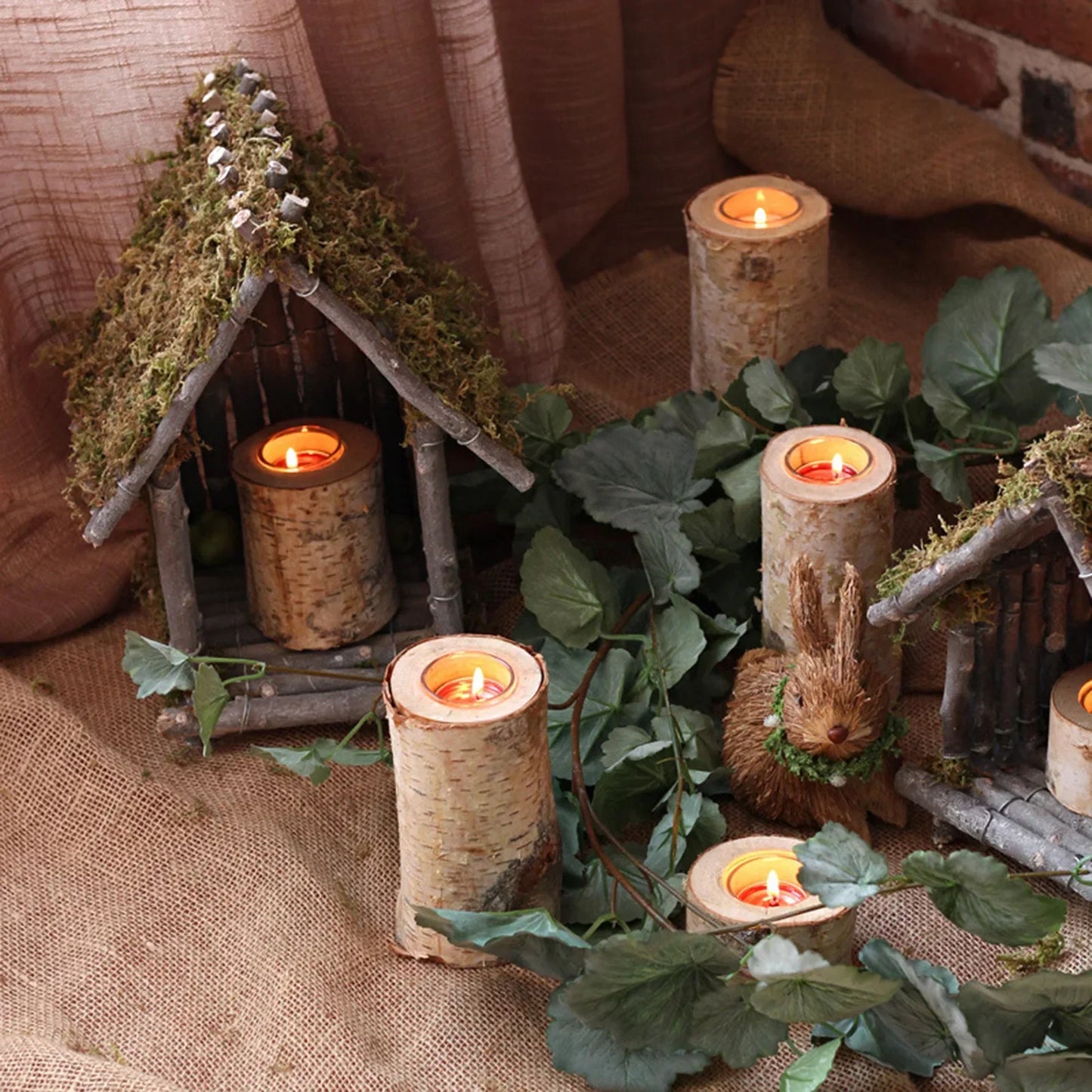 Kaarsenhouder van Berkenhout met Glazen Inzet Scandinavisch Natuurlijke Tafeldecoratie Rustieke Sfeerverlichting Handgemaakte Kandelaar
