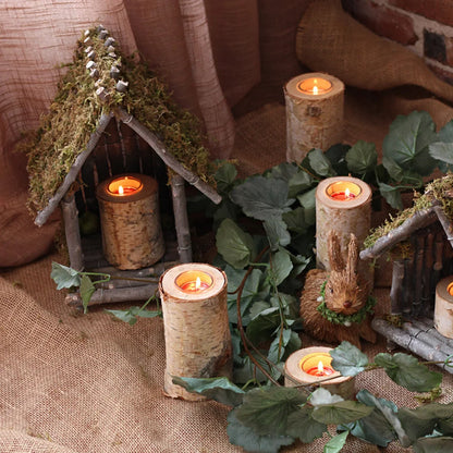 Kaarsenhouder van Berkenhout met Glazen Inzet Scandinavisch Natuurlijke Tafeldecoratie Rustieke Sfeerverlichting Handgemaakte Kandelaar