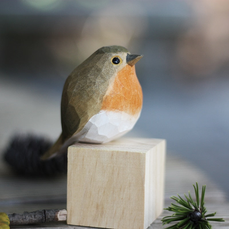 Handgesneden Houten Vogelfiguurtje Scandinavische Stijl Roodborstje Decoratie