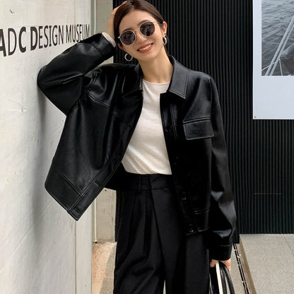 Lange Leren Jas Vrouwelijke Stijl Coat
