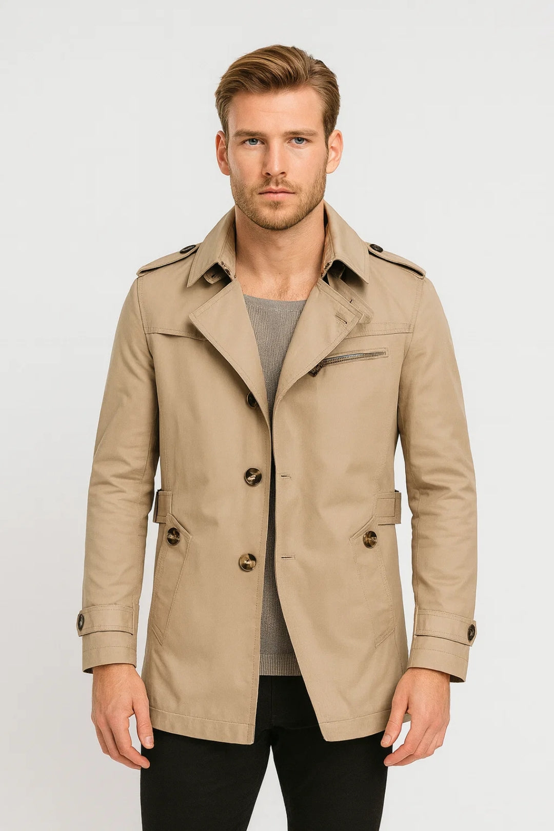 Klassieke Trenchcoat Heren Kort Model met Knoopsluiting