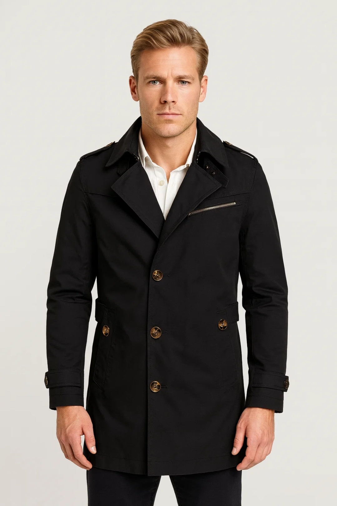 Klassieke Trenchcoat Heren Kort Model met Knoopsluiting