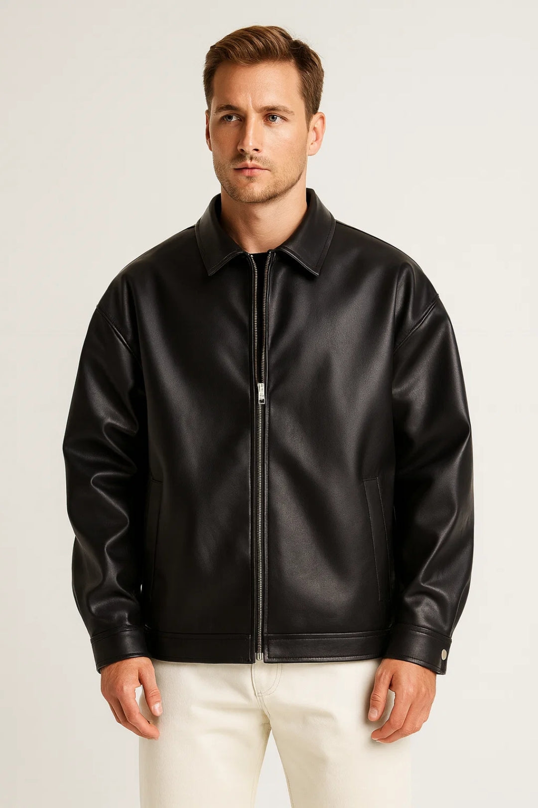 Leren Biker Jas Heren Oversized met Rits en Klassieke Kraag - StudioMarella