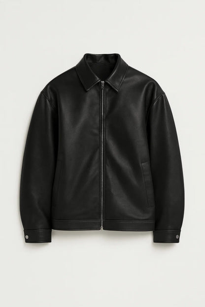 Leren Biker Jas Heren Oversized met Rits en Klassieke Kraag