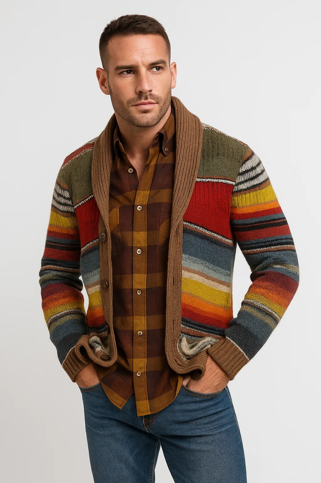 Heren Cardigan Gestreept Met Sjaalkraag Warm Comfortabel - StudioMarella