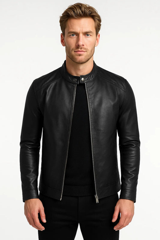 Leren Biker Jas Heren Slim Fit Opstaande Kraag - StudioMarella