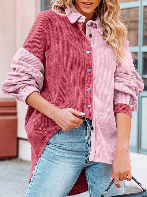 Herfst Blouse met Corduroy Stof en Contrasterende Kleuren - StudioMarella