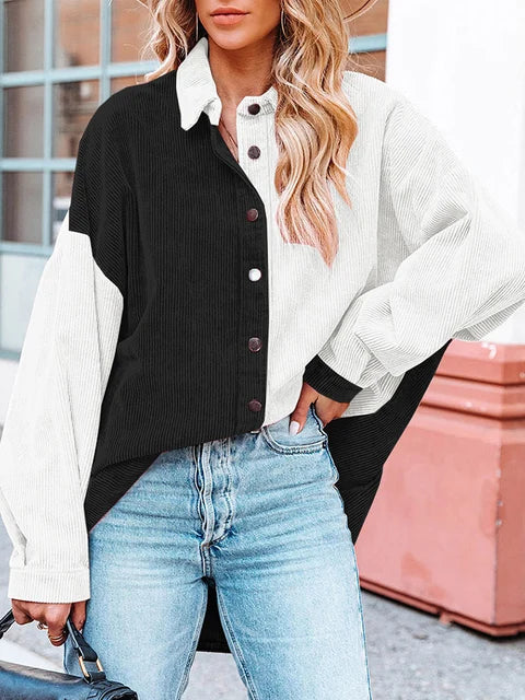 Herfst Blouse met Corduroy Stof en Contrasterende Kleuren