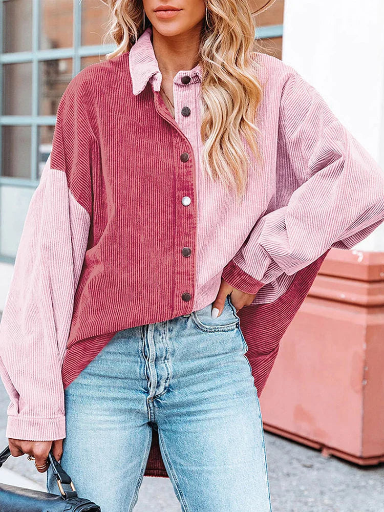 Herfst Blouse met Corduroy Stof en Contrasterende Kleuren
