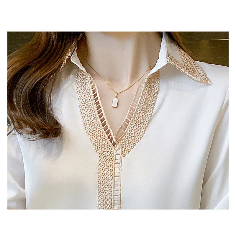 Witte Blouse Lange Mouwen Chiffon Dame Blouse Herfst