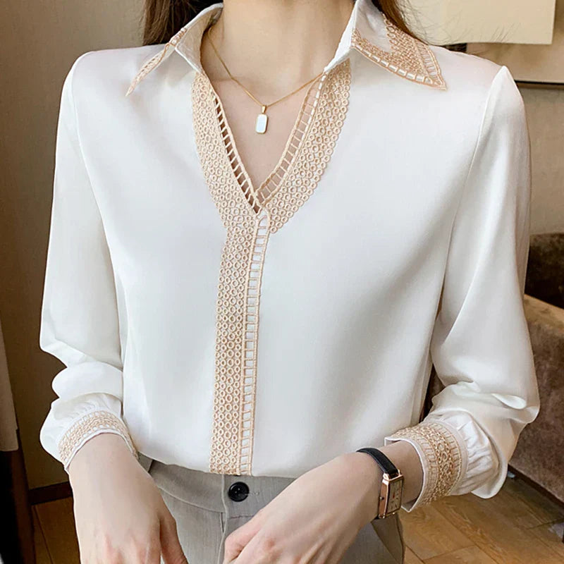 Witte Blouse Lange Mouwen Chiffon Dame Blouse Herfst
