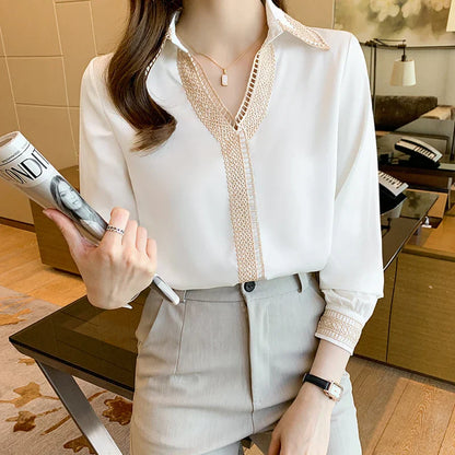 Witte Blouse Lange Mouwen Chiffon Dame Blouse Herfst