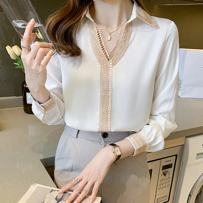 Witte Blouse Lange Mouwen Chiffon Dame Blouse Herfst
