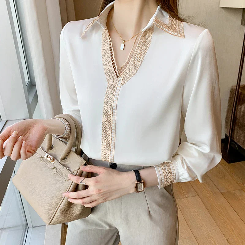 Witte Blouse Lange Mouwen Chiffon Dame Blouse Herfst