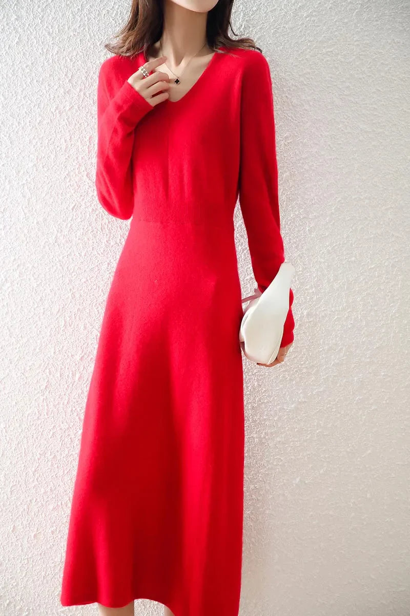 Wollen Jurk Gebreid met V-Hals Luxe Warm