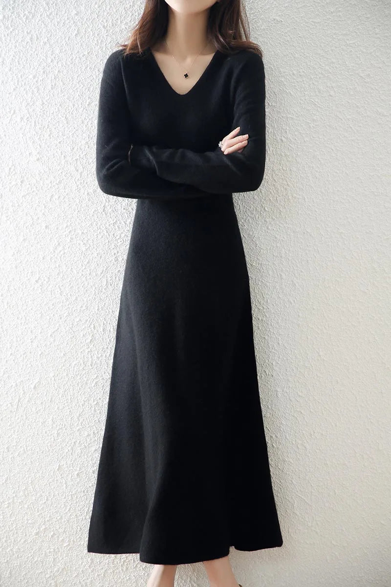 Wollen Jurk Gebreid met V-Hals Luxe Warm