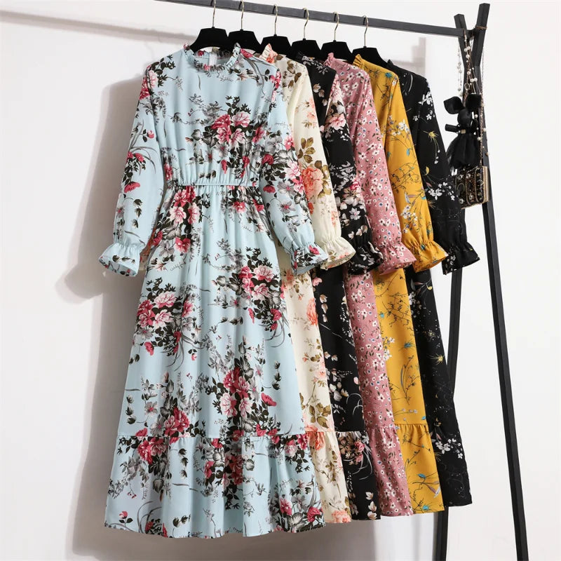 Vrouwelijke Maxi Jurk Herfst Bloemenprint Lange Mouw - StudioMarella