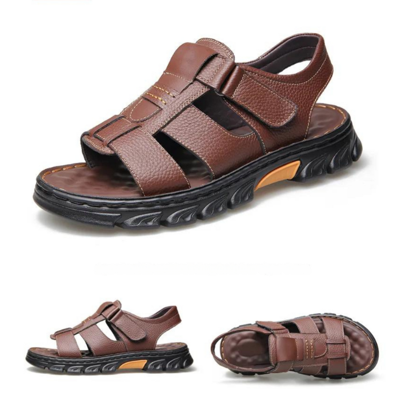 Orthopedische Leren Herensandalen Bruin Zwart Comfortabel Voetbed Ademend Design Zomer Wandelen Casual
