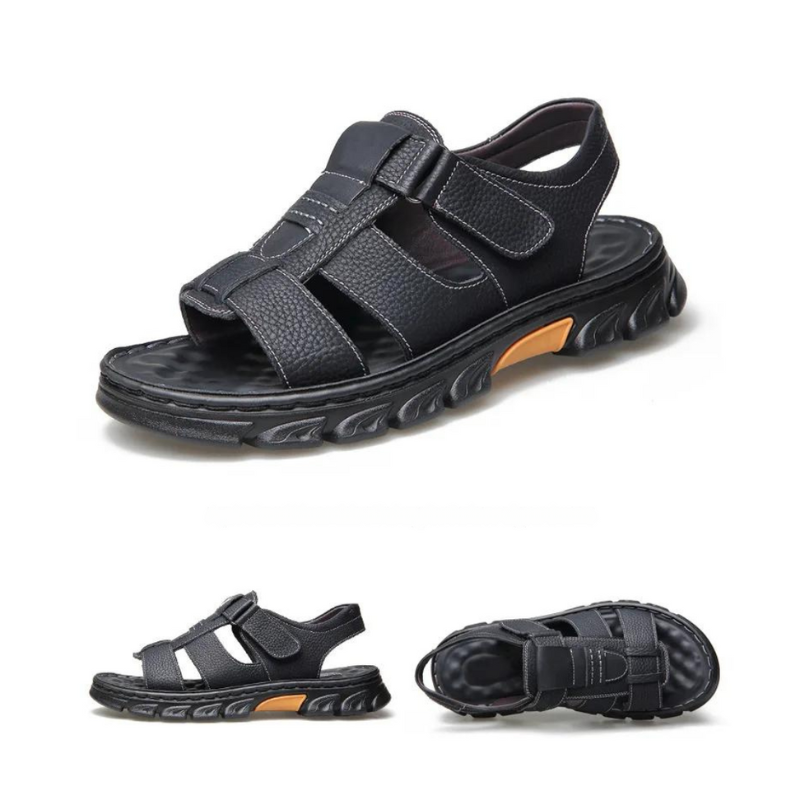 Orthopedische Leren Herensandalen Bruin Zwart Comfortabel Voetbed Ademend Design Zomer Wandelen Casual