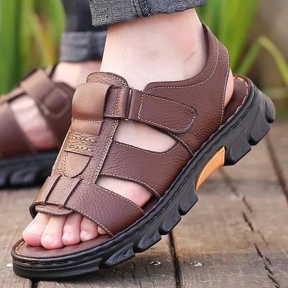 Orthopedische Leren Herensandalen Bruin Zwart Comfortabel Voetbed Ademend Design Zomer Wandelen Casual