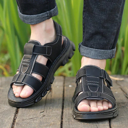 Orthopedische Leren Herensandalen Bruin Zwart Comfortabel Voetbed Ademend Design Zomer Wandelen Casual