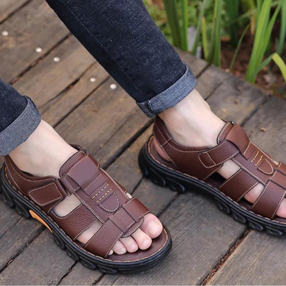 Orthopedische Leren Herensandalen Bruin Zwart Comfortabel Voetbed Ademend Design Zomer Wandelen Casual