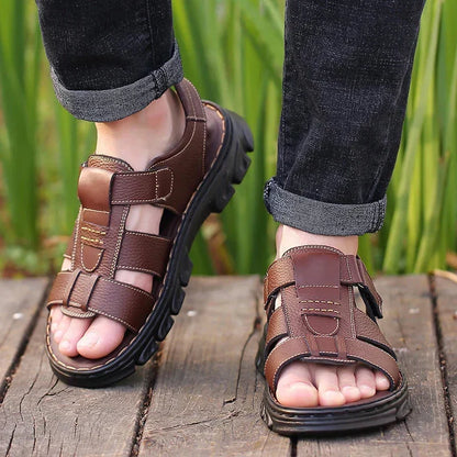 Orthopedische Leren Herensandalen Bruin Zwart Comfortabel Voetbed Ademend Design Zomer Wandelen Casual