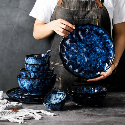 10-Delig Serviesgoed Set Melkwegstelsel Design Blauw Keramiek voor Dagelijks Gebruik en Feestdagen