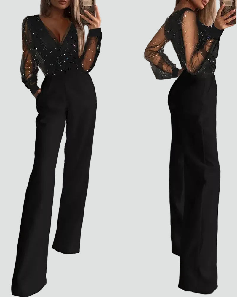 Dames Jumpsuit Glitter Mesh Mouwen Wijde Pijpen Feestkleding - StudioMarella