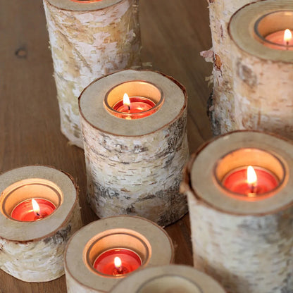 Kaarsenhouder van Berkenhout met Glazen Inzet Scandinavisch Natuurlijke Tafeldecoratie Rustieke Sfeerverlichting Handgemaakte Kandelaar