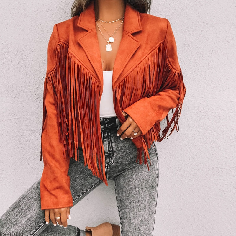 Dames Suède Jas met Franjes Boho Chic Stijl