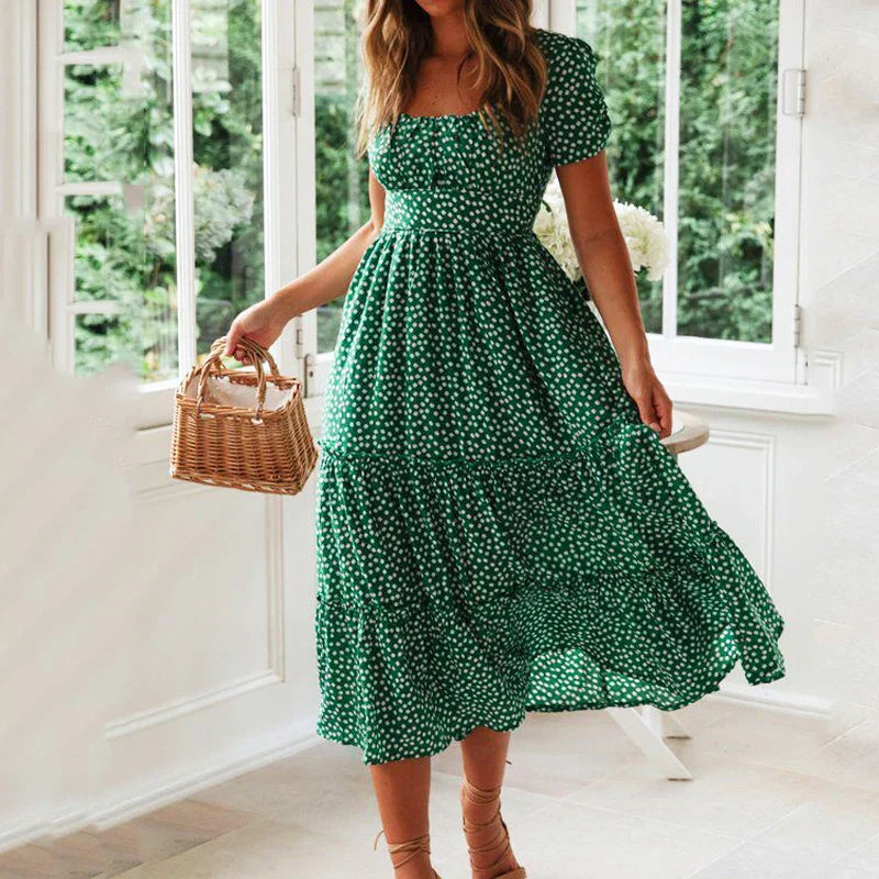Vrouwelijke Zomerjurk Maxi Vierkant Kraag Casual Stijl