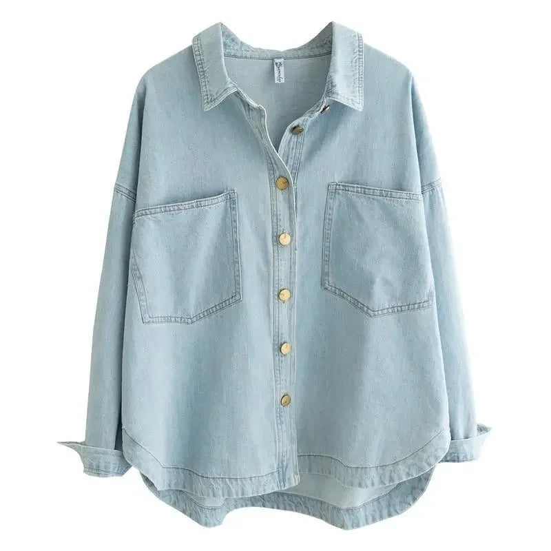 Vrouwelijke Blauwe Denim Shirt Casual Model