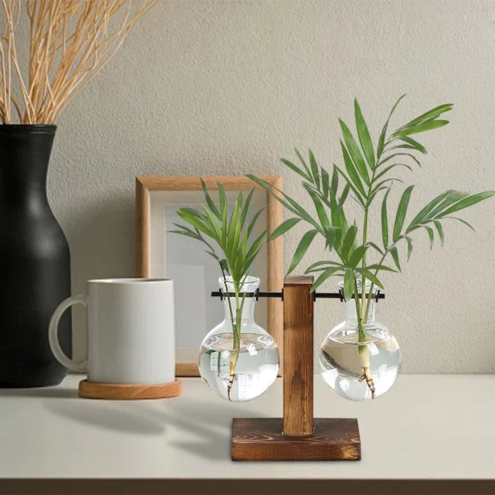 Glazen Vaas op Houten Standaard Decoratief Retro Hydroponics Plantenpot Transparant Glas Sfeeraccent voor Bloemen en Stekjes
