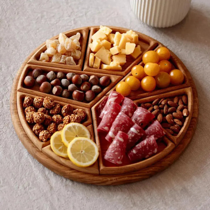 Houten Serveerplank Rond 25cm Rubio Olie Was Kaasplank Snackplank Tapasplank Uitneembare Vakken Hapjesplank Gasten Borrelplank