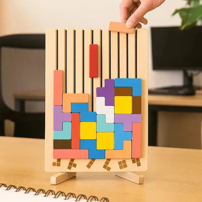 Houten Tetris Puzzel 31.5x19.8cm Ecokleuren Bureau Blokpuzzel Tangram Breinbreker Volwassenen Kinderen Kantoor Cadeau Speelgoed