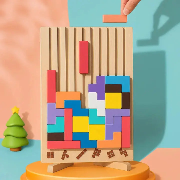 Houten Tetris Puzzel 31.5x19.8cm Ecokleuren Bureau Blokpuzzel Tangram Breinbreker Volwassenen Kinderen Kantoor Cadeau Speelgoed