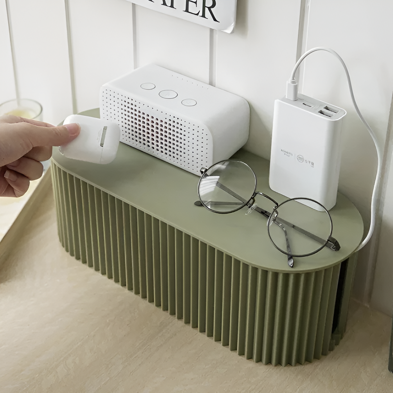 Kabel Opbergbox Met Deksel Geribbeld Design Kunststof 33cm Groen Wit Bruin