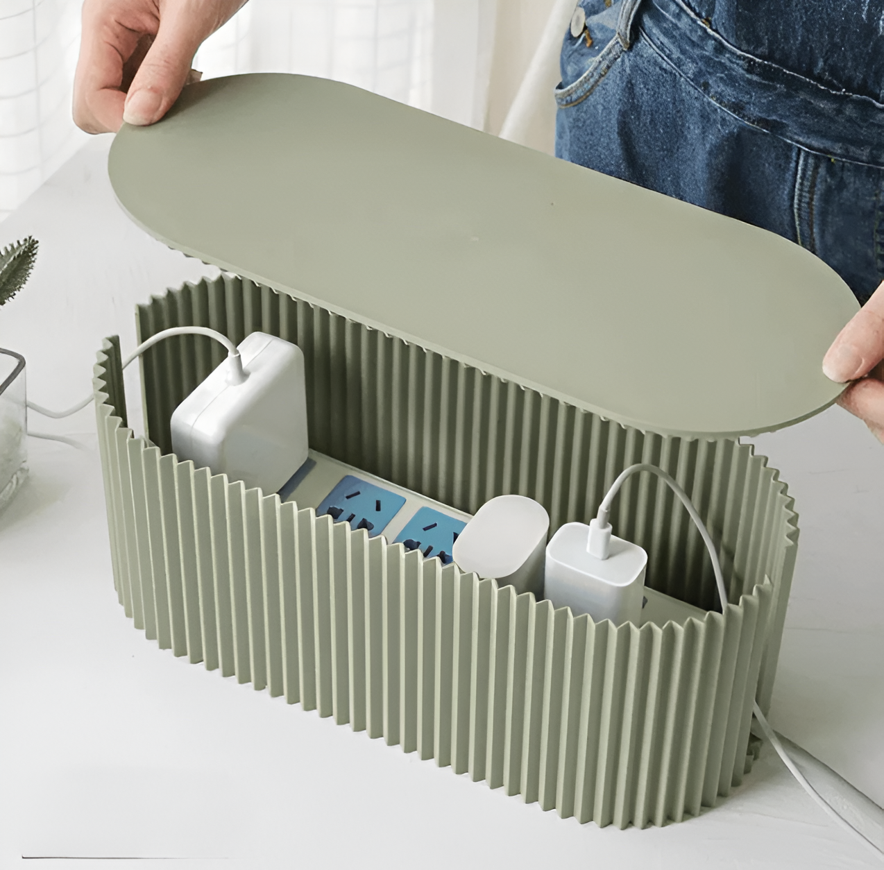 Kabel Opbergbox Met Deksel Geribbeld Design Kunststof 33cm Groen Wit Bruin