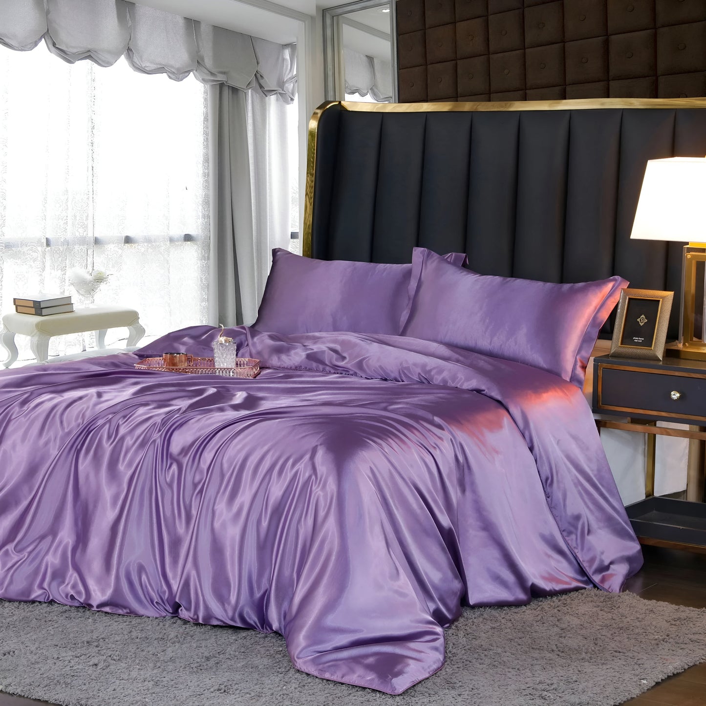 Beddengoedset Zijde 70% Mulberry 180gsm Paars Dekbedovertrek Hoeslaken Kussenslopen Luxe Slaapkamer Satijn Look