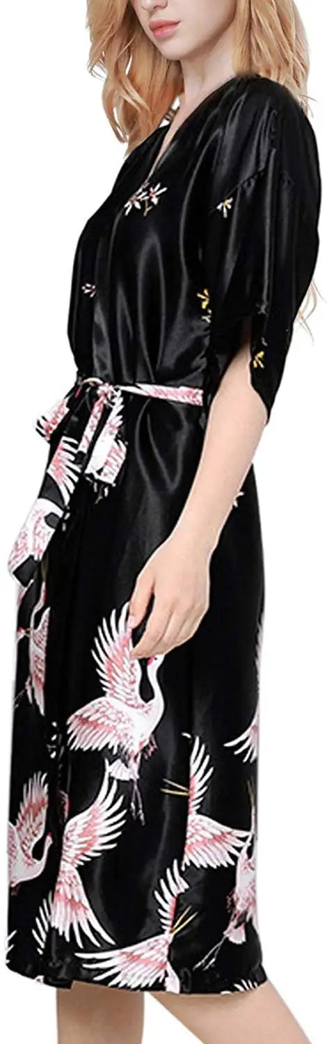 Zwarte Satijnen Kimono Badjas Damesjurk Zomerse Luxe