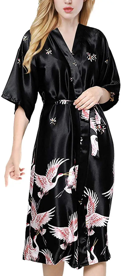 Zwarte Satijnen Kimono Badjas Damesjurk Zomerse Luxe