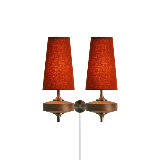 Design Wandlamp met Stekker in Hout en Messing – Natuurlijke Verlichting met Stoffen Kap 1 of 2 Lichtpunten