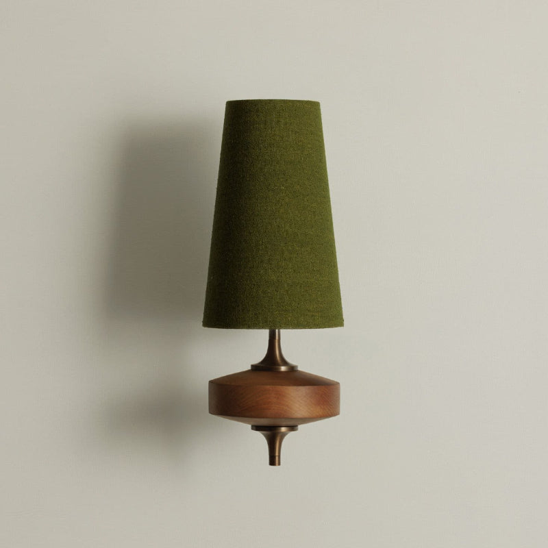 Vintage Wandlamp met Houten Arm en Stoffen Kap – Antiek Messing of Walnoot – E12/E14 Fitting
